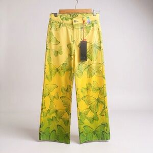 NWT VBRT Vibrant Miu Butterfly Print Yellow Green Wide Leg Fairycore Jeans S